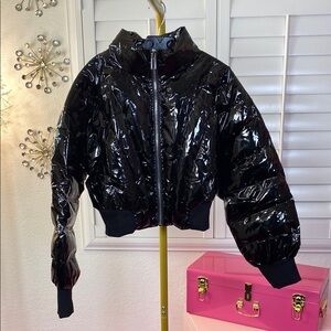 Cropped Black Glossy Quilted Puffer Jacket